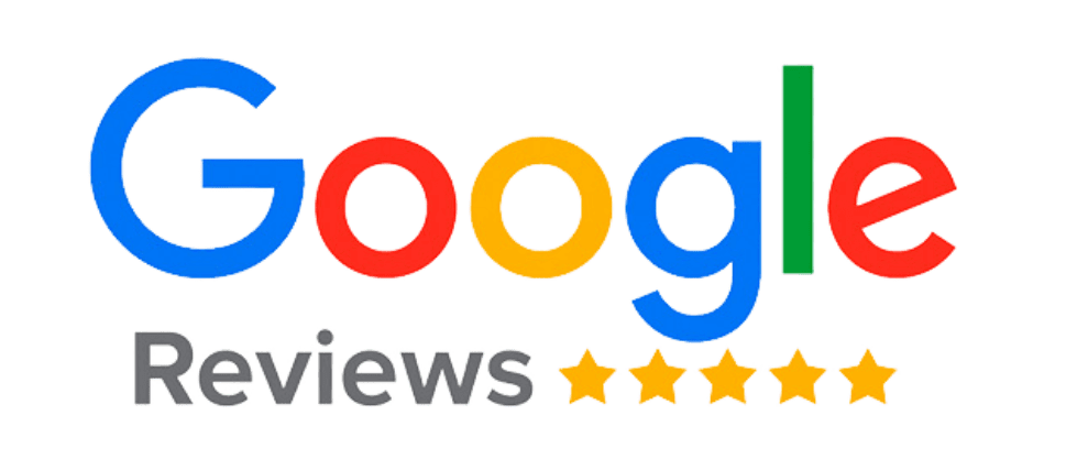 Logo do Google com o escrito "Reviews" logo em baixo seguido de 5 estrelas douradas.
